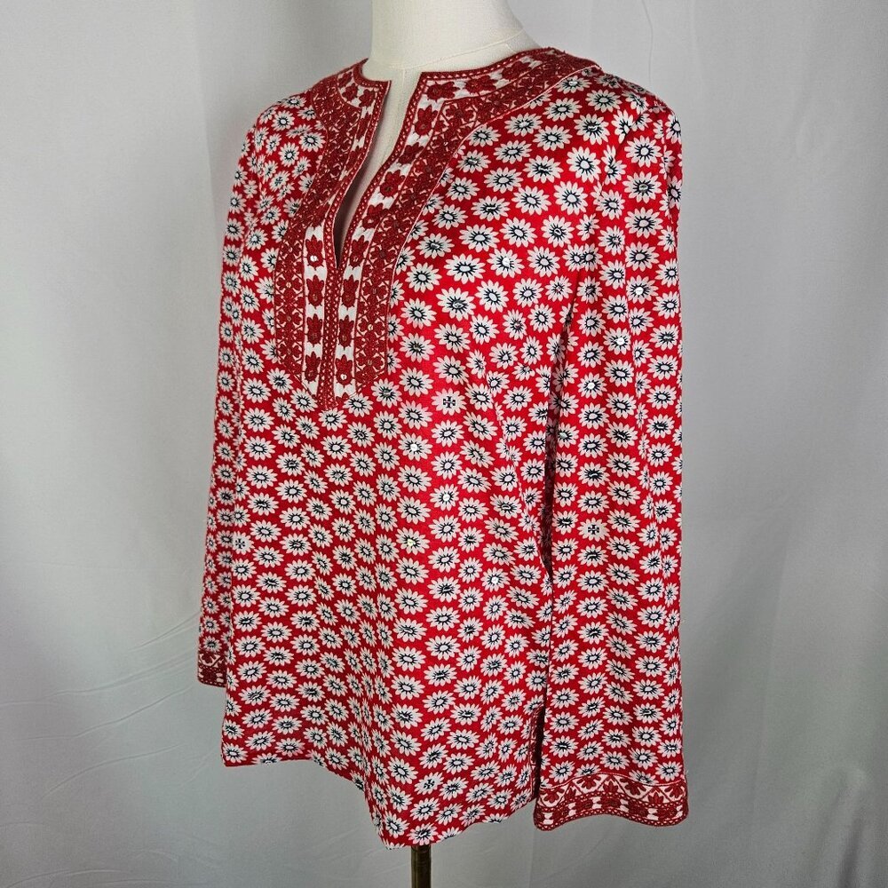 Tory Burch Red Jayne Mod Flower-Print Sequin Lace Tunic Size 8 Boho - Picture 8 of 11